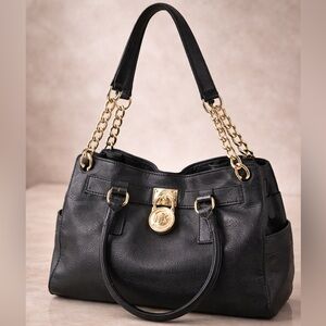 Michael Kors Black Pebbled Leather Chain Strap Shoulder Bag Gold MK Lock Charm